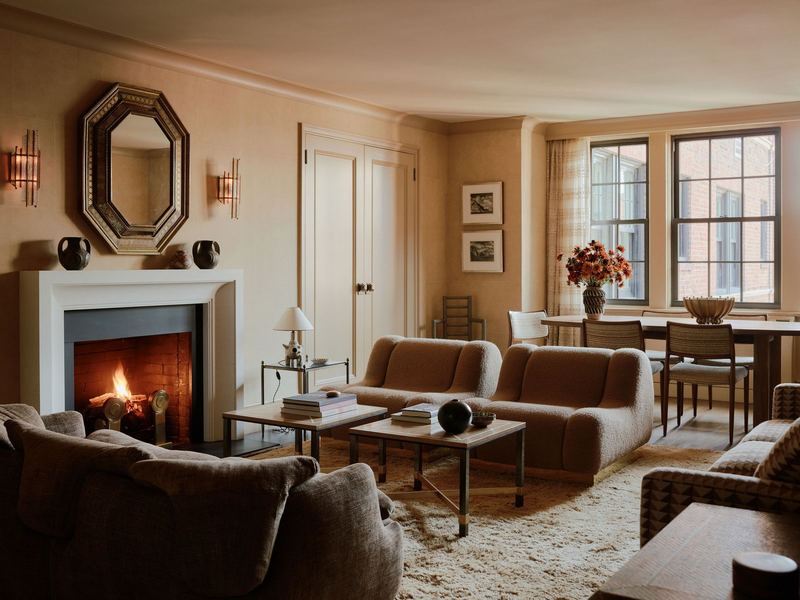 Living area of Josh Greene's NYC home with Margaret Timbrell's work, photographed for Architectural Digest