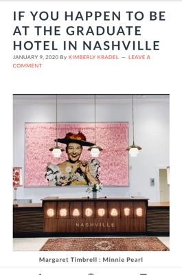 Artist at Large article showing Margaret Timbrell's Minnie Pearl tapestry above the Graduate Nashville reception desk